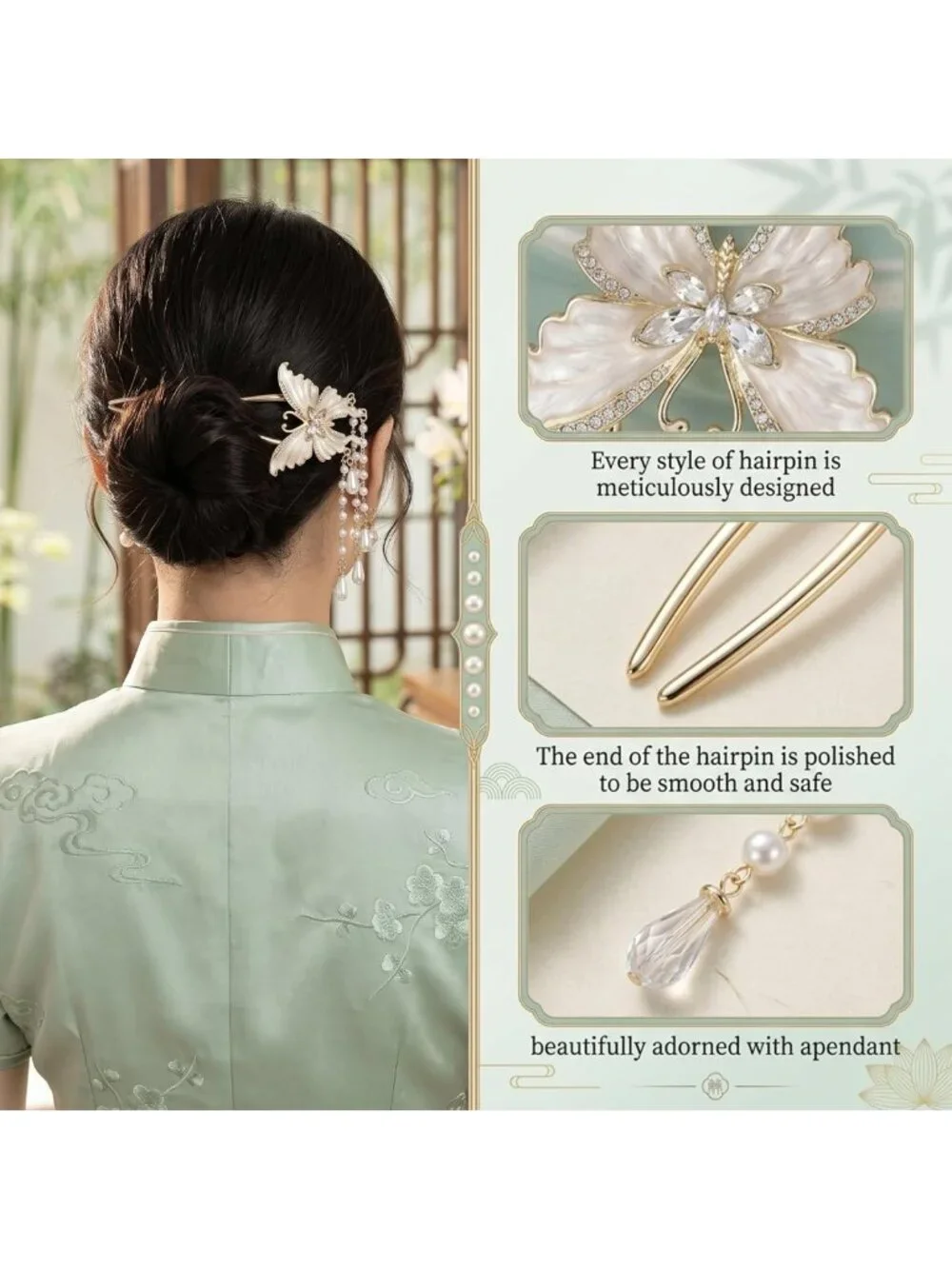 10 Retro Flower Butterfly Gold Hair Fork Pins with Pearl Tassels - Decorative